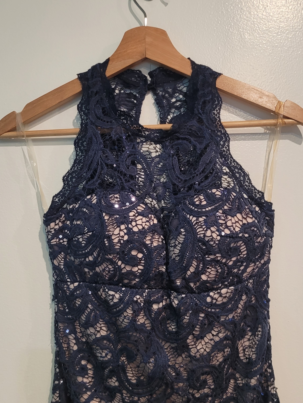 Navy Lace Halter Dress with Sequin Accents
